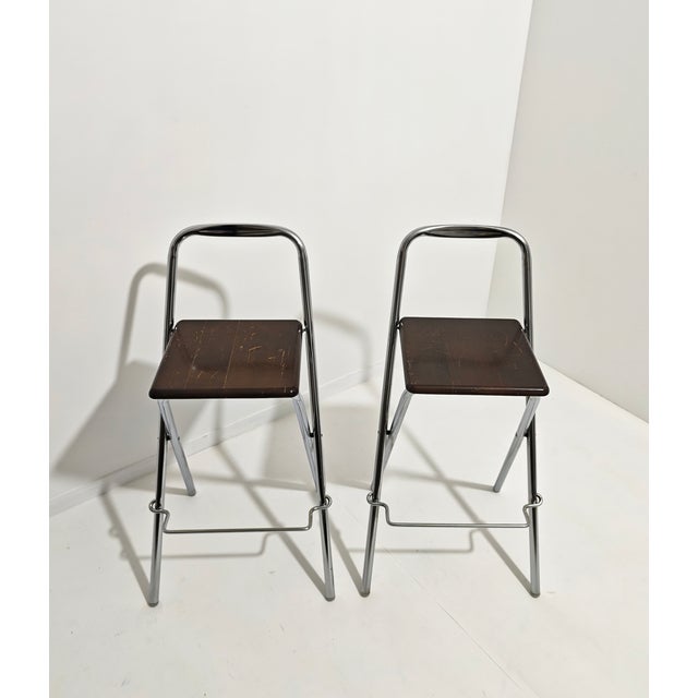 Wood Folding Stools in Chromed Steel and Wooden Seat from Fiam, 1990s, Set of 2 For Sale - Image 7 of 16
