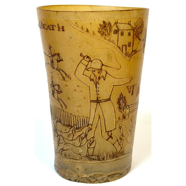 Rare Georgian Hand-Engraved Sporting Cow Horn Beaker "The Death" of the Fox Hunt For Sale - Image 11 of 18