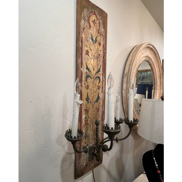 Light Yellow Pair of Dramatic and Unusual Belle Epoque Painted Panel Wall Sconces. Unique Panel Details Add Rustic Elegance and Charm. . Rustic Elegance and Charm. For Sale - Image 8 of 10