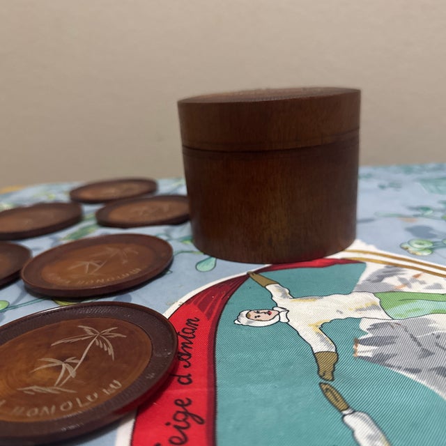 1960s Vintage Hawaiian Carved Wood Coasters & Holder Set Aloha Honolulu Palm Tree Tiki - 8 pcs For Sale - Image 5 of 9
