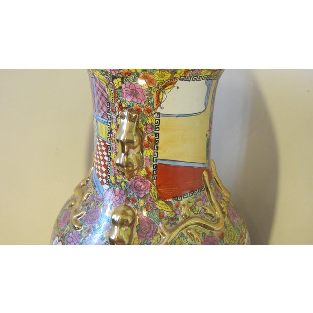 Mid 20th Century Large Chinese Famille Rose (Canton-Style) Porcelain Floor Vase Featuring Court Scenes, Floral Panels, and Applied Gilt Dragon/Lion Handles. For Sale - Image 5 of 7