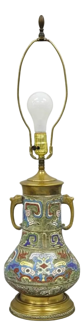 Vintage Chinese Porcelain Enamel Bronze Cloisonne Champleve Vase Table Lamp