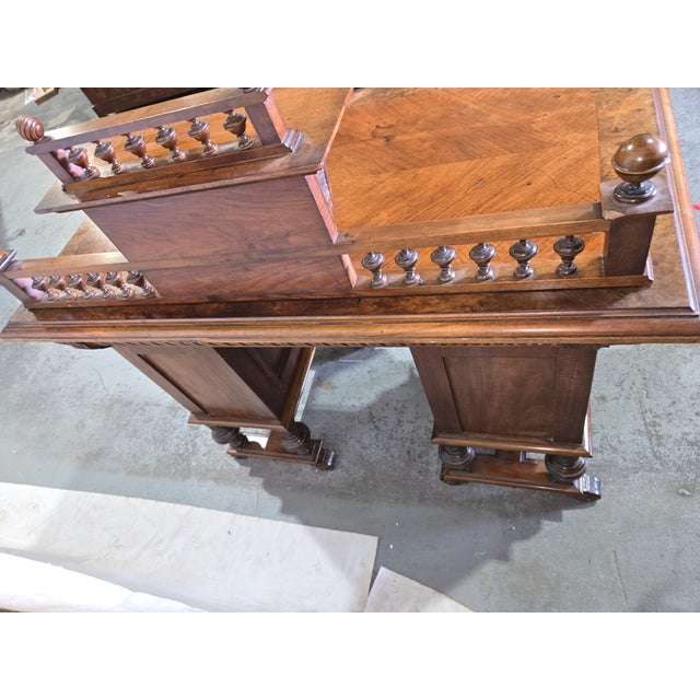 Antique Renaissance Revival Burl Walnut Writing Desk With Gallery Rail For Sale - Image 4 of 12