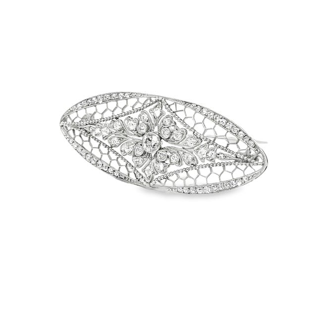 Mid 20th Century Platinum Vintage Filigree Style Diamond Brooch For Sale - Image 5 of 10