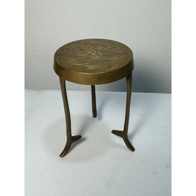 Vintage Mini Brass Pedestal Table Trivet Plant Stand 3” Round Etched Top For Sale In Philadelphia - Image 6 of 9