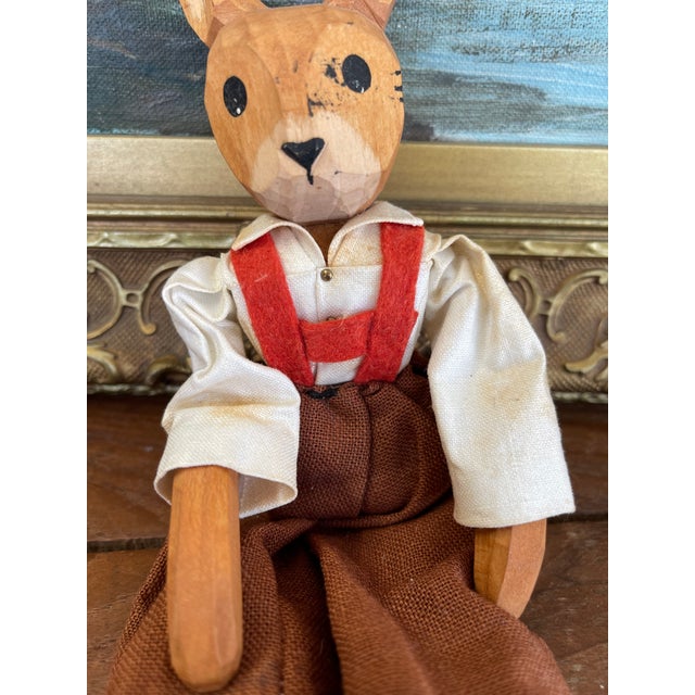 Vintage Hand-Carved Wooden Rabbit Doll With Articulated Limbs and Handmade Clothing. For Sale - Image 9 of 10
