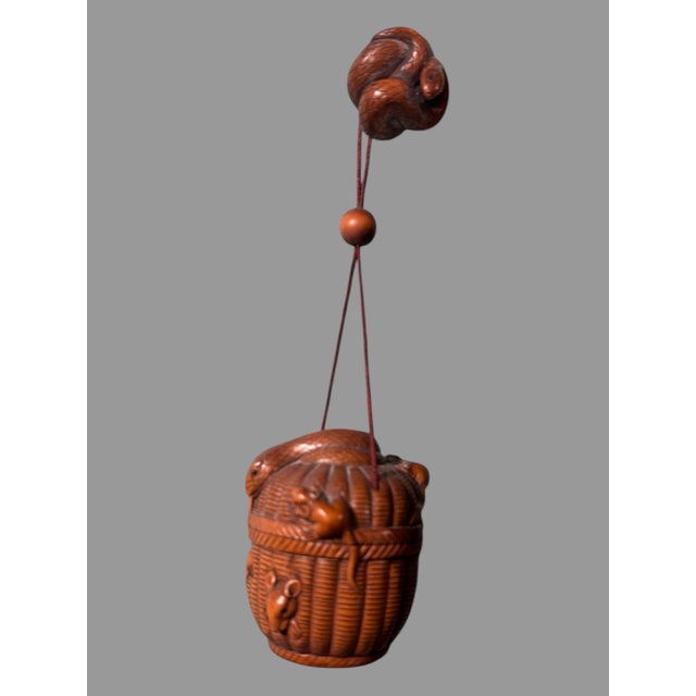 Antique Japanese Carved Boxwood Inro & Netsuke With Mice & Snakes in a Basket For Sale - Image 12 of 12