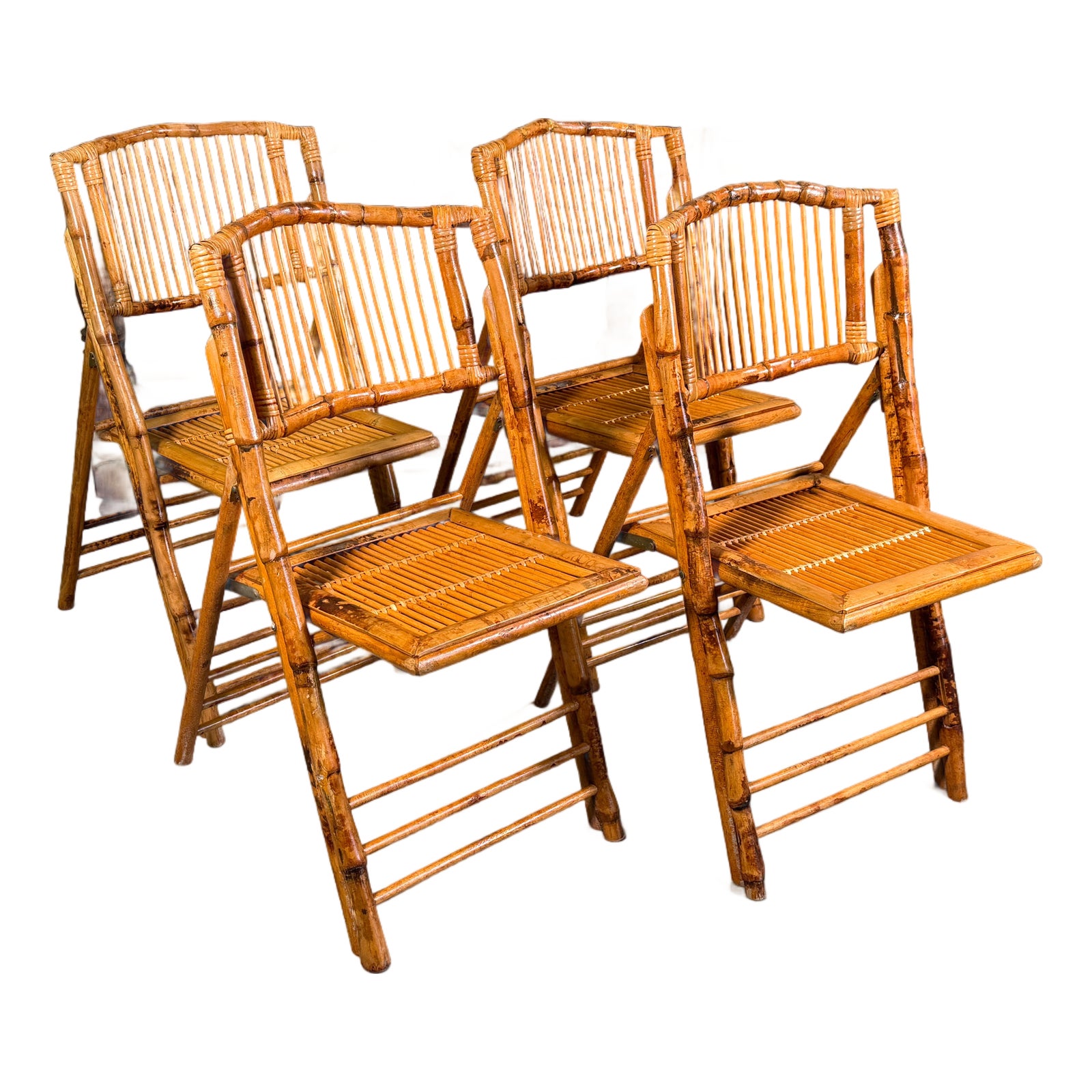 Vintage Mid Century Coastal Bamboo Rattan Folding Chairs - Set of 4