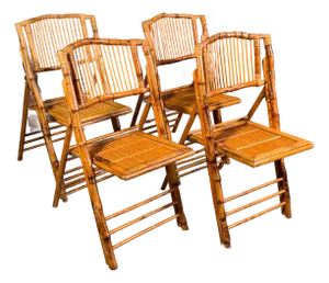 Vintage Mid Century Coastal Bamboo Rattan Folding Chairs - Set of 4