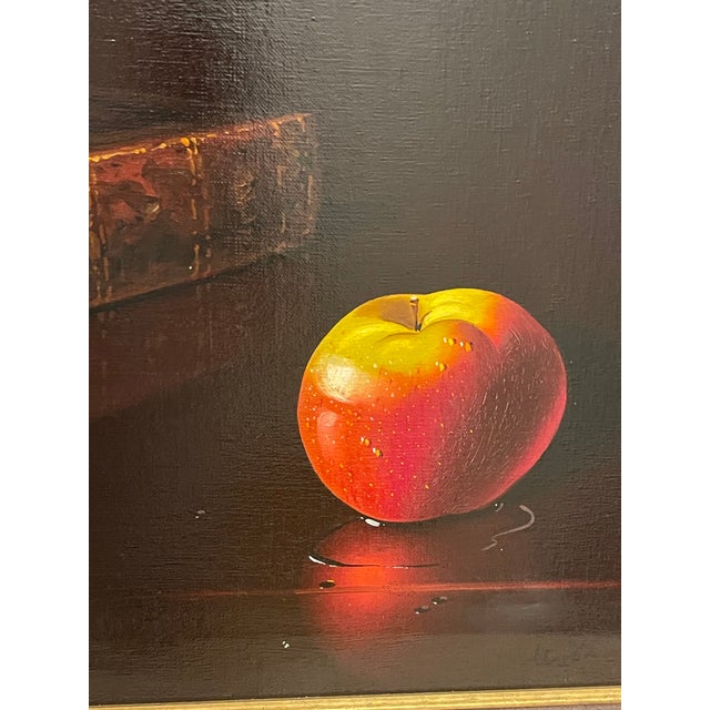 Beautiful dramatic Italian still life on canvas. Framed in bronze tone frame.