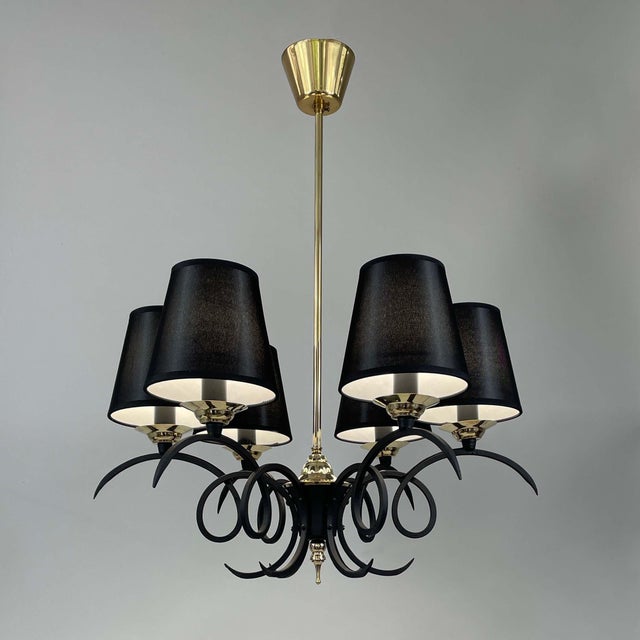 Black Cast Iron and Brass Chandelier, France, 1950s For Sale - Image 3 of 17