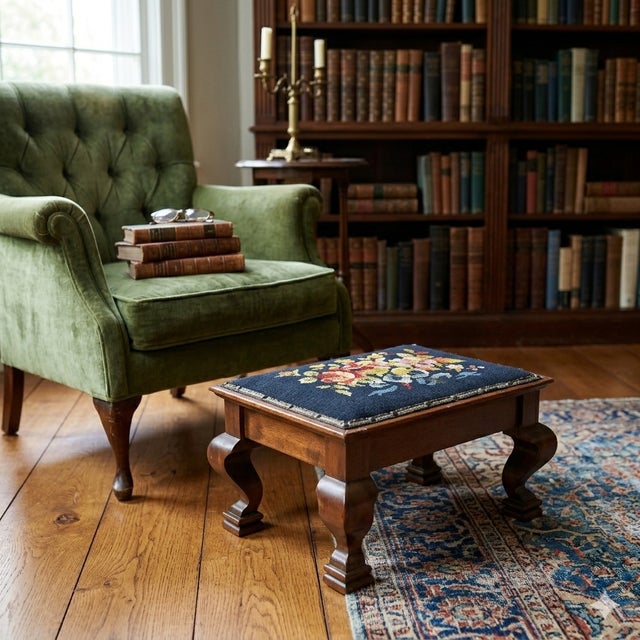 Elevate your space with this charming 19th-century Victorian antique walnut footstool, a beautiful testament to classic...