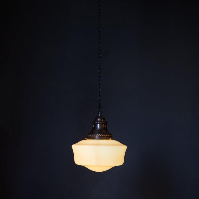 Copper Vintage 20th Century English White Opaque Glass & Copper Pendant Light, 1930s For Sale - Image 8 of 10