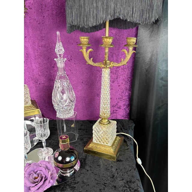 Mid 20th Century Hollywood Regency Crystal & Brass Four‑Arm Candelabra Lamps With Black Fringe Shades — A Dramatic Pair For Sale - Image 4 of 12