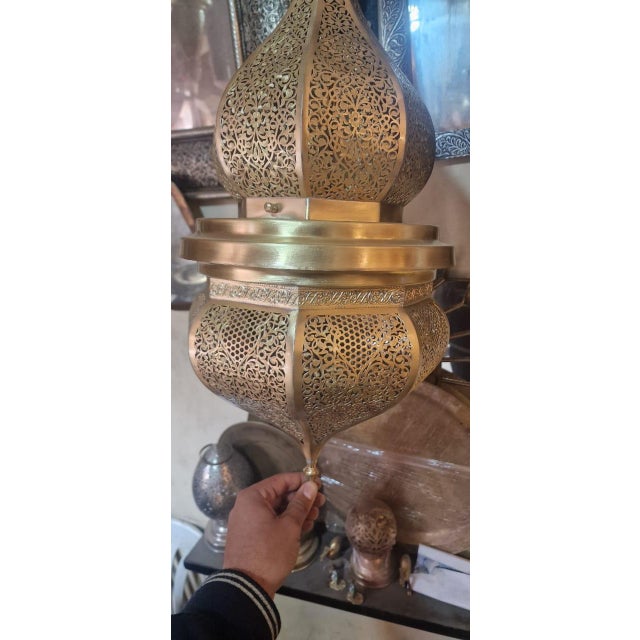 Moroccan Hand-Carved Brass Moroccan Chandelier For Sale - Image 3 of 5