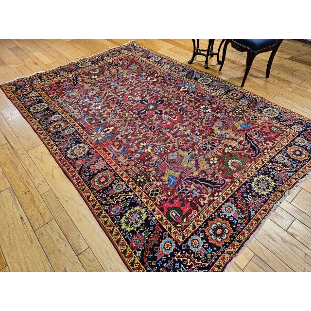 Vintage Persian Heriz Serapi Rug, Hand-Knotted Wool, All-Over Geometric Pattern, Red & Navy, 7x10 For Sale - Image 4 of 14