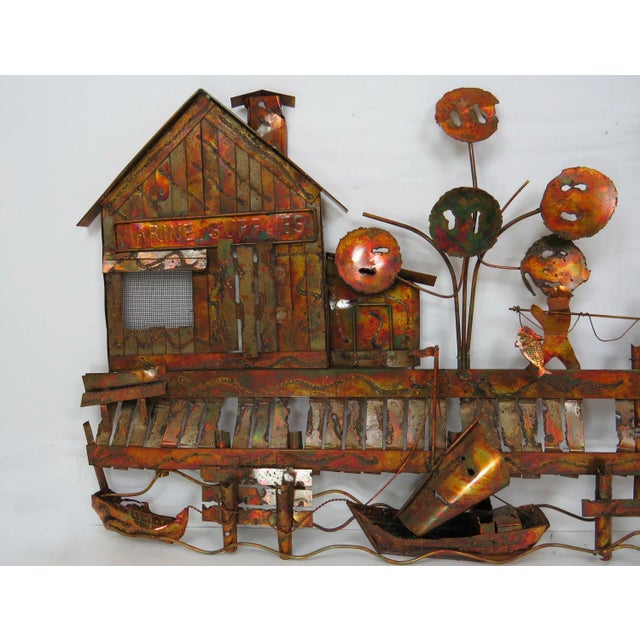 Rustic Vintage Curtis Jere Style Torch Cut Copper Wall Sculpture of a Boat Dock Scene For Sale - Image 3 of 9