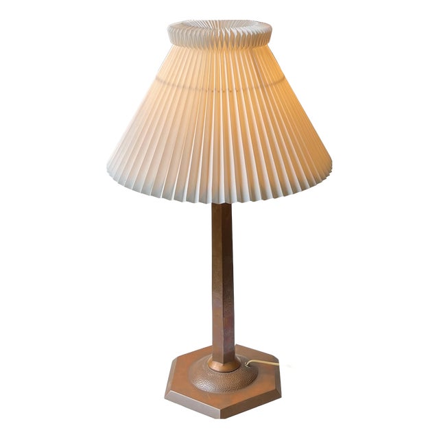 Art Deco Copper Obelisk Table Lamp with Le Klint Shade, 1930s For Sale