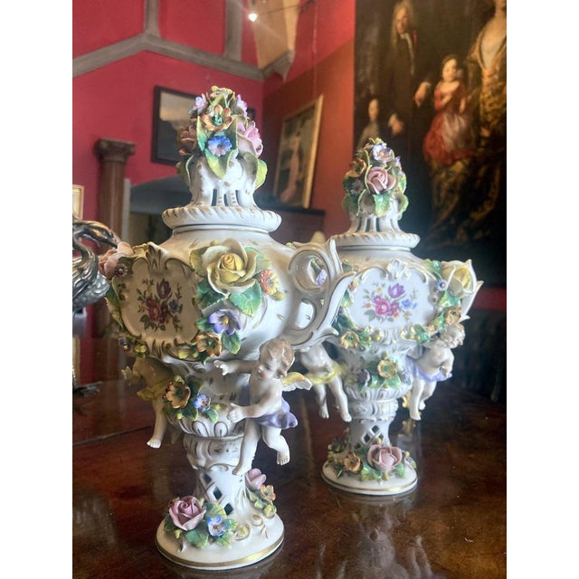 19th Century Capodimonte Polychrome Porcelain Incense Burners Vases with Flowers and Winged Cherubs, Set of 2 For Sale - Image 13 of 18
