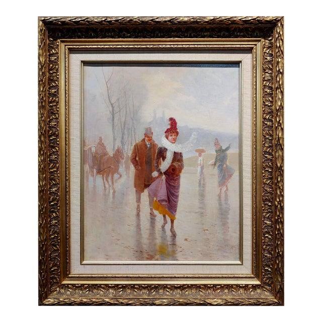 Desire Honore Berard -Husband & Wife Walking the Winter Street -19th C. Oil Painting For Sale