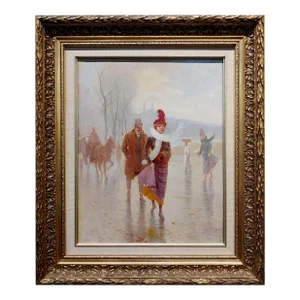 Desire Honore Berard -Husband & Wife Walking the Winter Street -19th C. Oil Painting