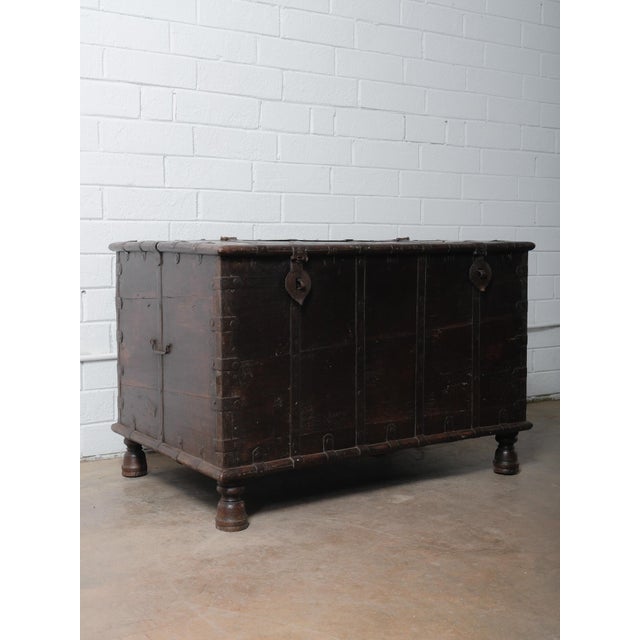Indian Vintage Indian Iron-Bound Wooden Chest on Turned Feet For Sale - Image 3 of 8