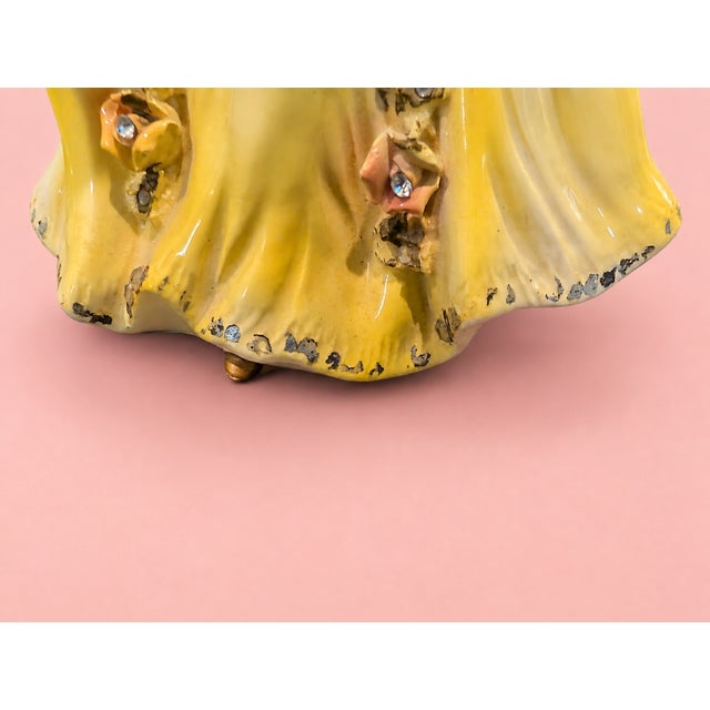 1950s Japanese Porcelain Lady Figurine in Yellow Gown With Rhinestones & Flowers For Sale - Image 10 of 11