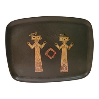 Vintage Couroc Native American Indian Figures Metal Inlay Serving Tray For Sale