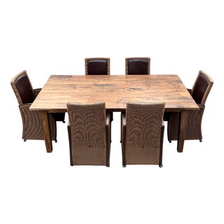 Dining Set with Oak and Leather Chairs on Wheels, Set of 7 For Sale