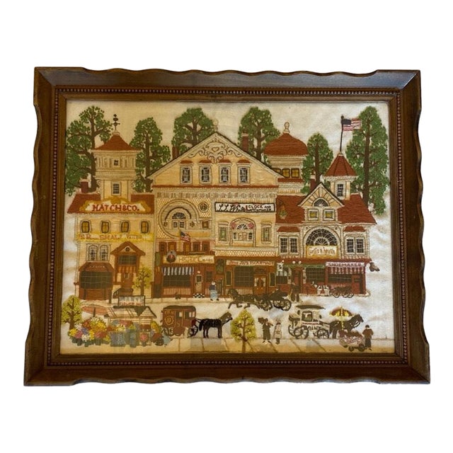 Vintage Crewel Embroidery Victorian Street Satin Design Charles Wysocki Finished Embroidered Piece For Sale