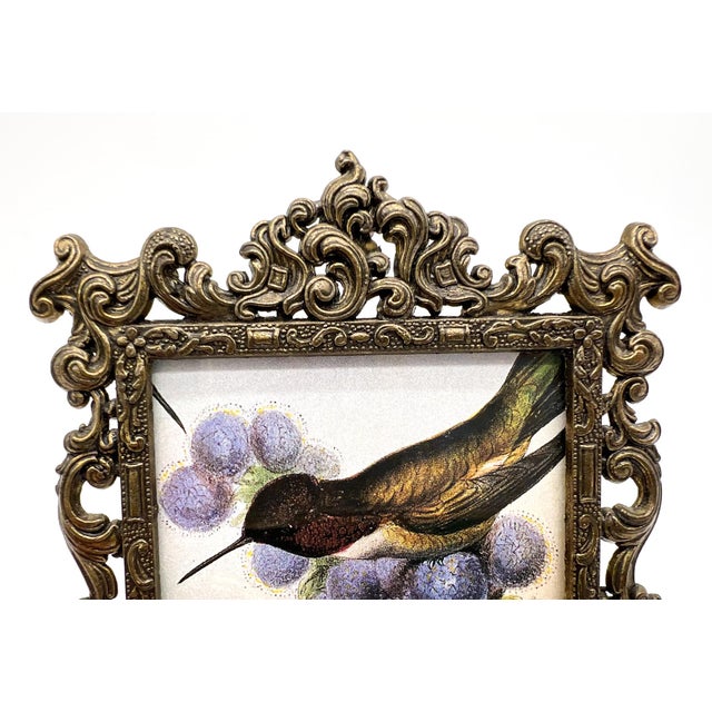 Vintage Italian Ornate Cast Metal Picture Frame With Hummingbird Print | Hollywood Regency, Rococo Style For Sale - Image 9 of 10