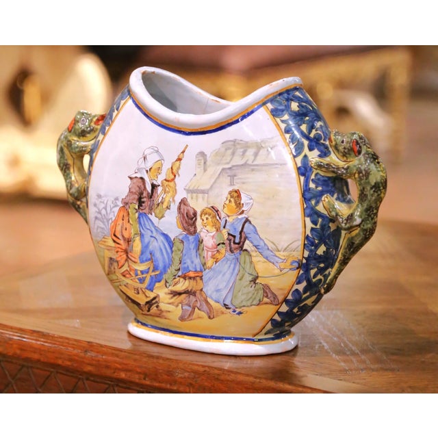 French 19th Century French Porquier-Beau Quimper Faience Moon-Shaped Vase For Sale - Image 3 of 11