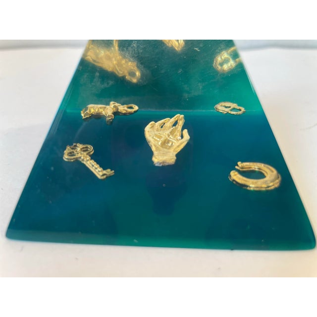 Vintage Lucite Pyramid Shaped Paperweight With Floating Gold Shapes Inside For Sale - Image 9 of 9