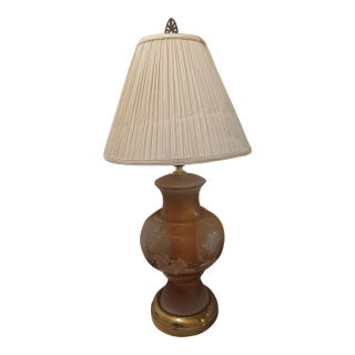 1970s Hollywood Regency Brass and Glass Ginger Jar Painted Lilies Table Lamp For Sale