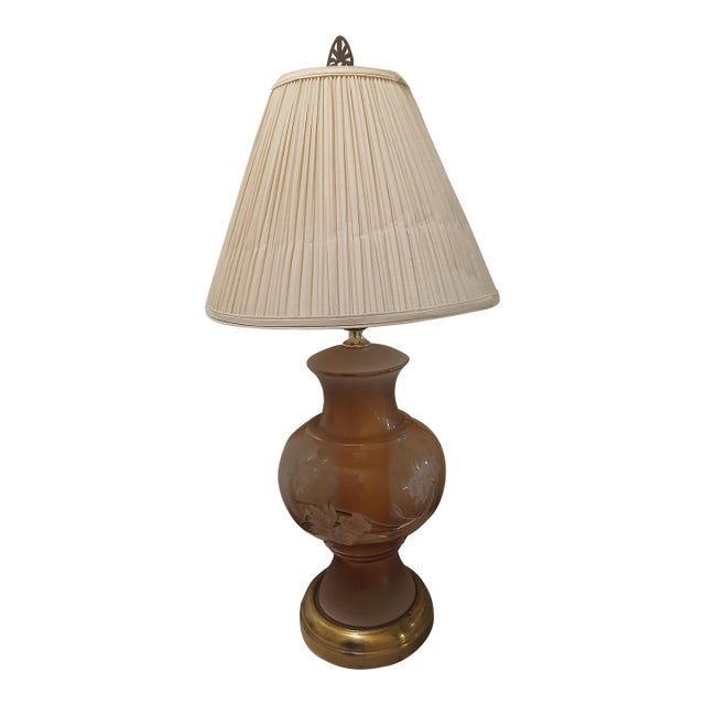 1970s Hollywood Regency Brass and Glass Ginger Jar Painted Lilies Table Lamp For Sale