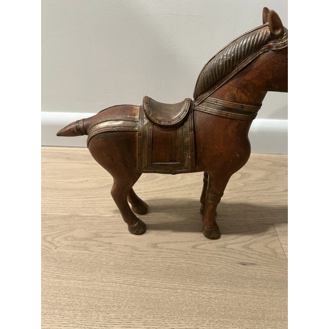 Chinese Imported Chinese Carved Horse Figurine With Vintage Brass Details. For Sale - Image 3 of 12