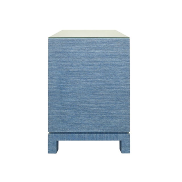 Cornflower Blue Matthew Izzo Home Cole Light Blue Dyed Grasscloth Two Drawer Side Table/Nightstand With Glass Top and Large Satin Brass Square Hardware For Sale - Image 8 of 10