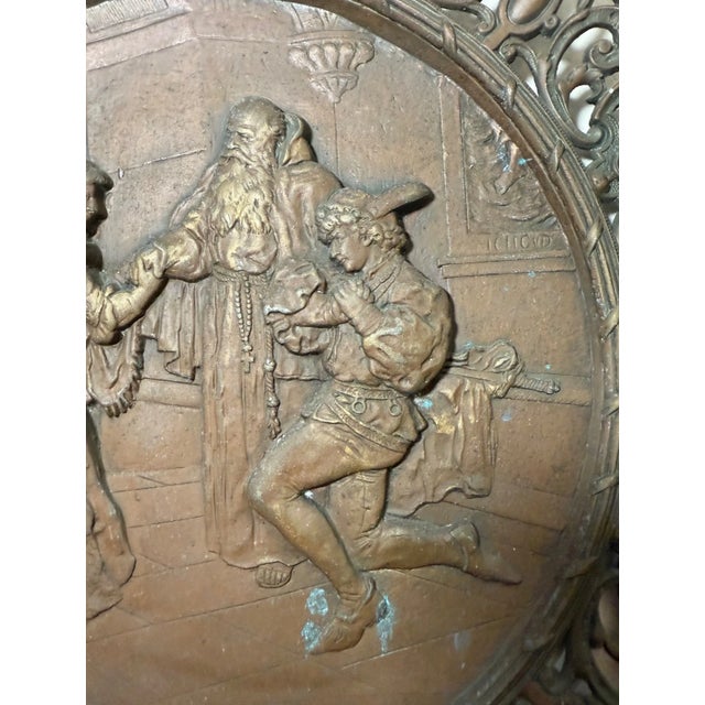 Large Antique Ornate Bronze Patinated Metal Relief Wall Charger Plaque Romeo For Sale In New York - Image 6 of 10