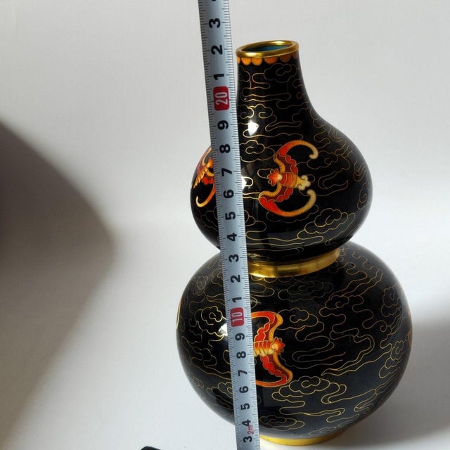 Metal Vintage Cloisonné Enamel Double-Gourd Vase – Black Ground With Gilt Bat & Cloud Motif For Sale - Image 7 of 8