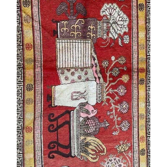 Antique Khotan Rug 4’0” X 8’6” | Vase Design, Chinese Motif Border For Sale - Image 4 of 6