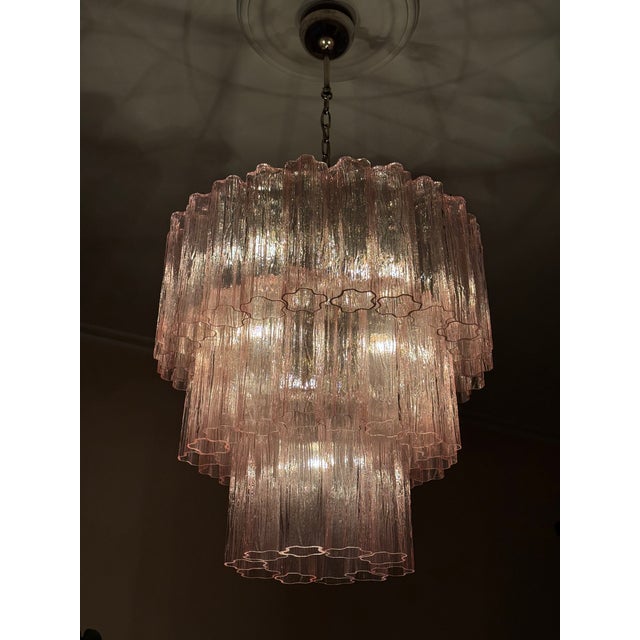 Large Pink Colorful Murano Chandeliers with Tubular Prisms Tronchi, Set of 2 For Sale - Image 13 of 16