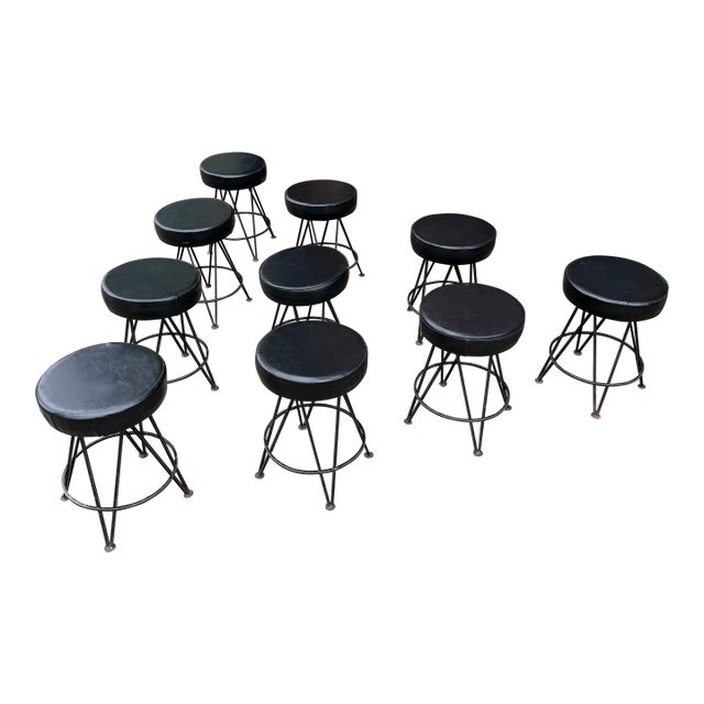 Set of 10 Fredrick Wineberg Style Iron Swivel Stools For Sale