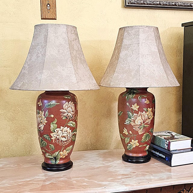 Vintage Burgundy Floral Chinoiserie Ceramic Ginger Jar Table Lamps With Shades - Pair For Sale - Image 18 of 18