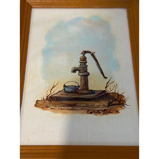 Wood Vintage Water Hand Pump Country Farm Art Miniature Painting Signed by Artist Cora Lee Sanders For Sale - Image 7 of 7