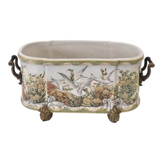Vintage Porcelain & Bronze Crackled Glaze Footed Planter For Sale