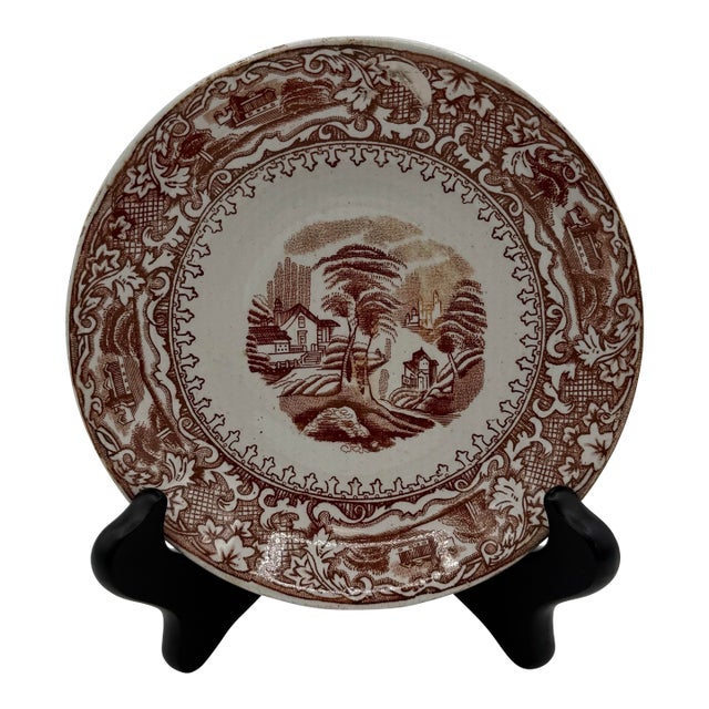 Antique Brown Transferware Small Plate Country Landscape Scene For Sale