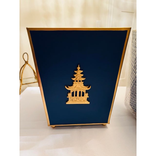 Blue Pagoda Chinoiserie Waste Basket For Sale - Image 4 of 7