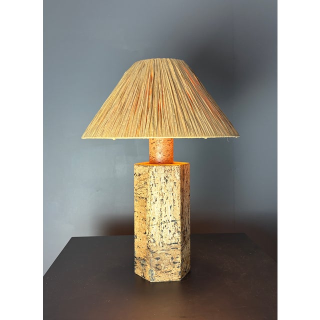 Mid-Century Boho Cork Table Lamp with Raffia Shade in the style of Ingo Maurer, 1970s For Sale - Image 17 of 18