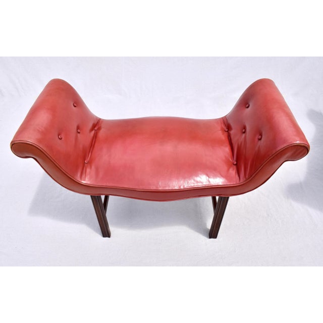 Wood Antique Chippendale Window Benches, Mahogany & Leather, England, 1940s For Sale - Image 7 of 13