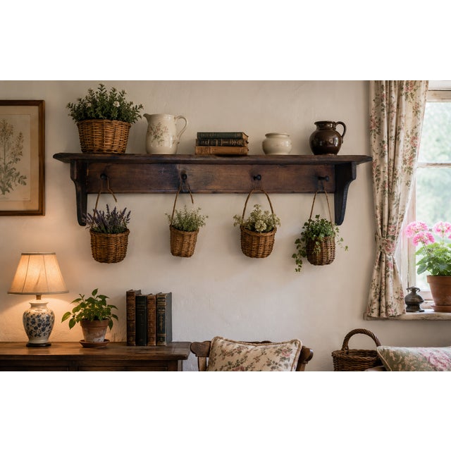 PLEASE READ ENTIRE DESCRIPTION Vintage English Cottage / Rustic Farmhouse Wooden Wall Shelf with 4 Peg Hooks Entire piece...